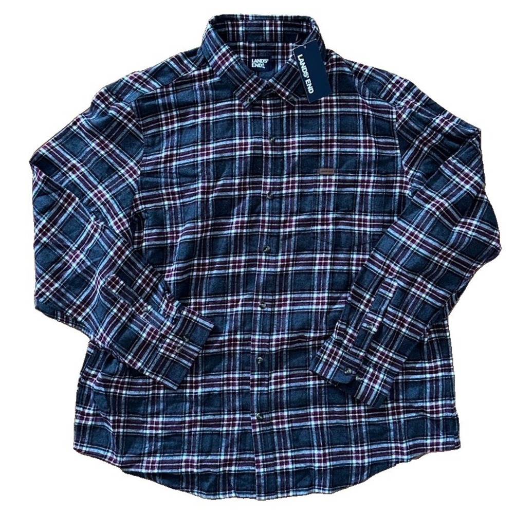 Lands End Men's Plaid Flannel Button Down Shirt Sz 2XL NWT 100% Cotton